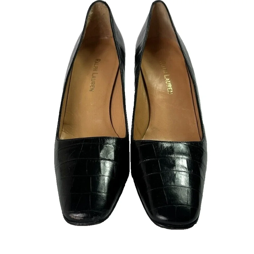 Ralph Lauren Pumps Womens 7AA Black Croc Print High Heel Square Toe Spain Made